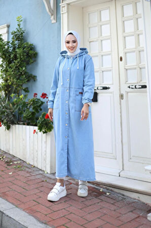 Kadın Uzun Cepli Kapüşonlu Kot Kap