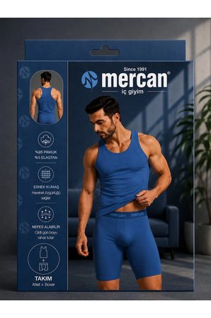 Erkek Mavi Atlet Takım Özel Kutuda Uzun Kesim Boxer + Sporcu Atlet