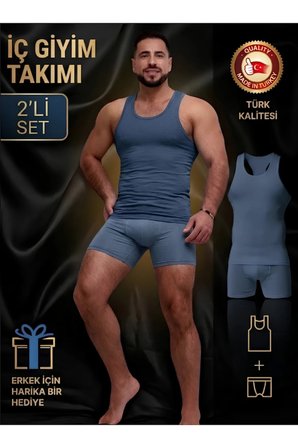 Erkek Mavi Atlet Takım Özel Kutuda Uzun Kesim Boxer + Sporcu Atlet
