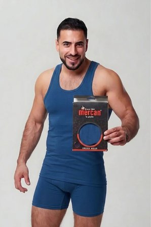 Erkek Mavi Atlet Takım Özel Kutuda Uzun Kesim Boxer + Sporcu Atlet