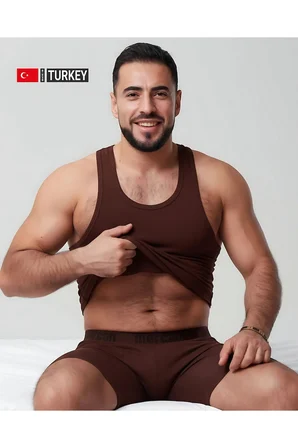 erkek kahverengi takım özel kutuda uzun kesim boxer + sporcu atlet