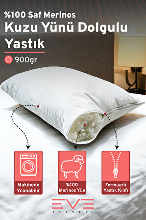 %100 Merinos Kuzu Yünlü Antialerjik Yıkanabilir Fermuarlı Doğal Yastık 50x70 Cm 900 Gr