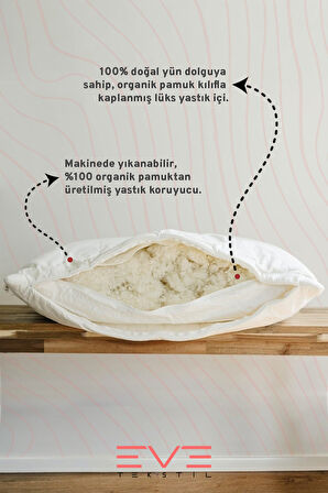 %100 Merinos Kuzu Yünlü Antialerjik Yıkanabilir Fermuarlı Doğal Yastık 50x70 Cm 900 Gr