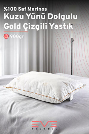 %100 Merinos Kuzu Yünlü Gold Çizgili Fermuarlı Doğal Yastık 50x70 Cm 