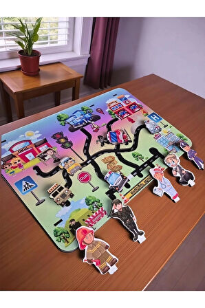 Ahşap Koordinasyon Oyunu (Hareketli Araçlar, Meslekler ve Trafik Levhaları)