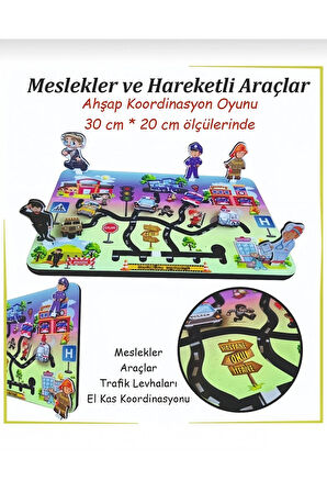 Ahşap Koordinasyon Oyunu (Hareketli Araçlar, Meslekler ve Trafik Levhaları)
