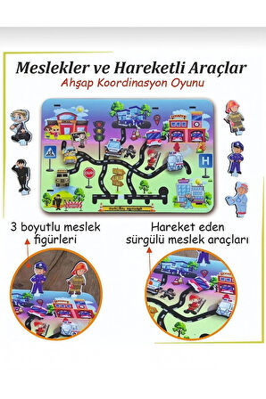 Ahşap Koordinasyon Oyunu (Hareketli Araçlar, Meslekler ve Trafik Levhaları)