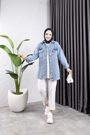 Kadın Cep Detaylı Denim Kot Ceket