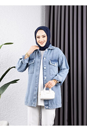 Kadın Cep Detaylı Denim Kot Ceket