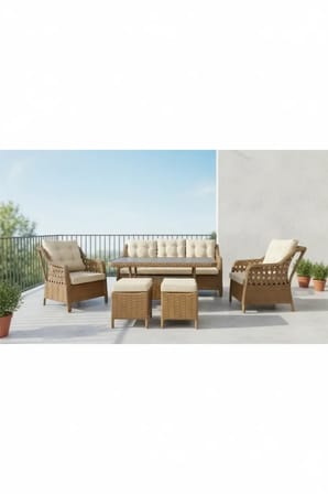 Galvaniz Gövdeli 3+1+1+2puf+masa Rattan Bahçe Balkon Mobilyası, 7 Kişilik Bahçe Takımı