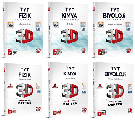 3D Yayınları 2024 Tyt Fizik + Kimya + Biyoloji Video Destekli Defter + Soru Seti 6 Kitap