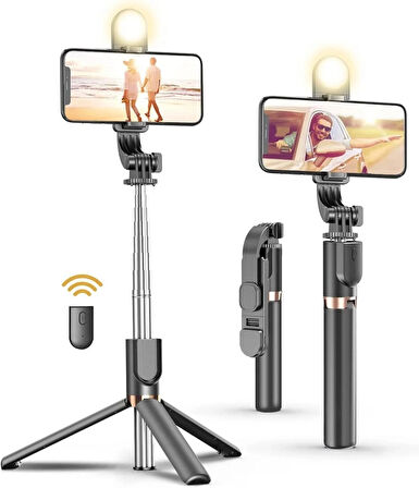 K8 Işıklı Selfie Çubuğu-130 Cm Uzaktan Kumandalı 3 Renk Işıklı Selfie Çubuğu ve Tripod 2 In 1