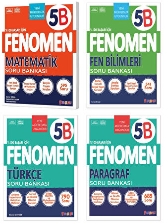 Fenomen Okul 2025 5. Sınıf Matematik + Türkçe + Fen + Paragraf B Serisi Soru Seti 4 Kitap Güncel Müfredat