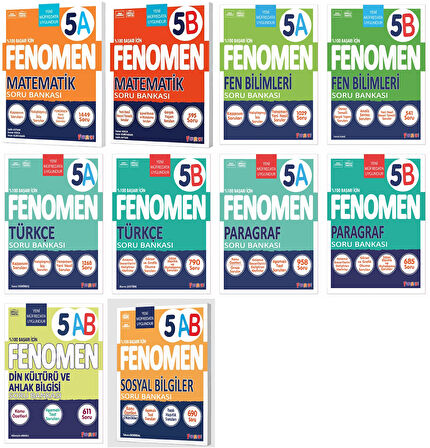 Fenomen Okul 2025 5. Sınıf Matematik + Türkçe + Fen + Paragraf + Sosyal + Din A + B Soru Seti 12 Kitap Güncel Müfredat