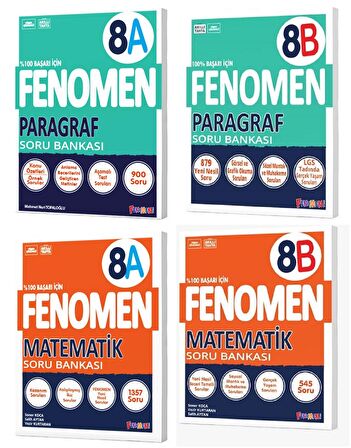 Fenomen Okul 2024 8. Sınıf Lgs Paragraf + Matematik A + B Soru Bankası Seti 4 Kitap