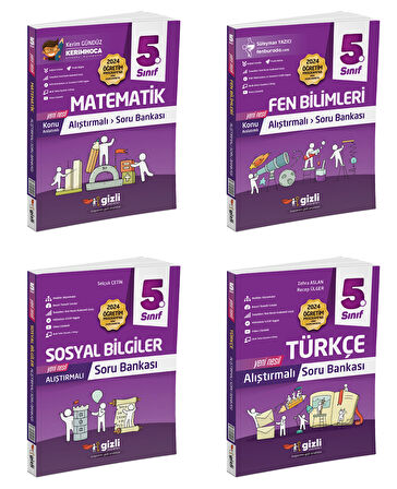 Gizli 2025 5. Sınıf Matematik + Türkçe + Fen + Sosyal Alıştırmalı Soru Bankası Seti 4 Kitap