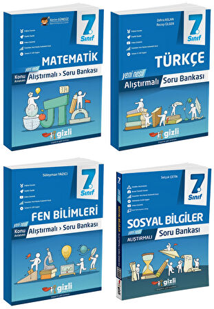 Gizli 2025 7. Sınıf Matematik + Türkçe + Fen + Sosyal Alıştırmalı Soru Bankası Seti 4 Kitap