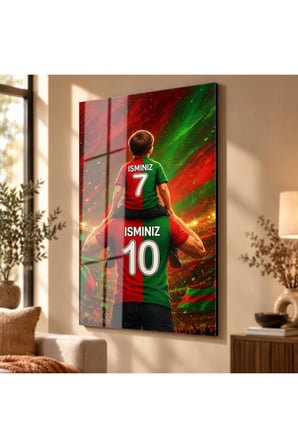 Kişiye Özel İsim ve Numara Baskılı Baba Oğul Temalı Kırmızı Yeşil Taraftar Cam Tablo Tribün Manzaralı Duvar Dekoru Futbolsever Hediyesi