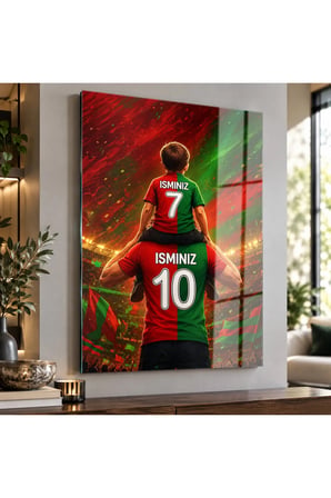 Kişiye Özel İsim ve Numara Baskılı Baba Oğul Temalı Kırmızı Yeşil Taraftar Cam Tablo Tribün Manzaralı Duvar Dekoru Futbolsever Hediyesi
