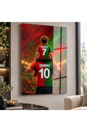 Kişiye Özel İsim ve Numara Baskılı Baba Oğul Temalı Kırmızı Yeşil Taraftar Cam Tablo Tribün Manzaralı Duvar Dekoru Futbolsever Hediyesi