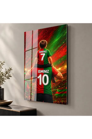 Kişiye Özel İsim ve Numara Baskılı Baba Oğul Temalı Kırmızı Yeşil Taraftar Cam Tablo Tribün Manzaralı Duvar Dekoru Futbolsever Hediyesi