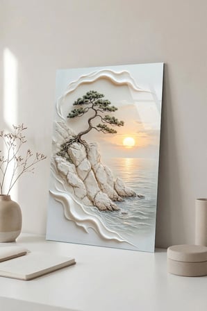 Falez Kenarı Bonsai Ağacı Gün Batımı Yağlı Boya Dokulu Cam Tablo | Modern Dekorasyon Temalı Dekoratif Duvar Tablosu, Salon, ev ve ofis dekoru,