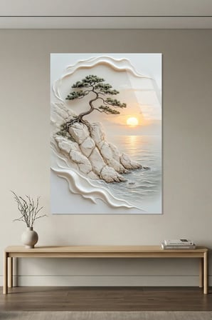 Falez Kenarı Bonsai Ağacı Gün Batımı Yağlı Boya Dokulu Cam Tablo | Modern Dekorasyon Temalı Dekoratif Duvar Tablosu, Salon, ev ve ofis dekoru,