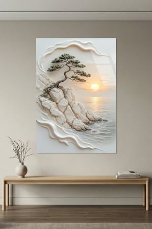 Falez Kenarı Bonsai Ağacı Gün Batımı Yağlı Boya Dokulu Cam Tablo | Modern Dekorasyon Temalı Dekoratif Duvar Tablosu, Salon, ev ve ofis dekoru,