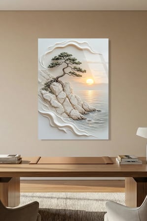 Falez Kenarı Bonsai Ağacı Gün Batımı Yağlı Boya Dokulu Cam Tablo | Modern Dekorasyon Temalı Dekoratif Duvar Tablosu, Salon, ev ve ofis dekoru,