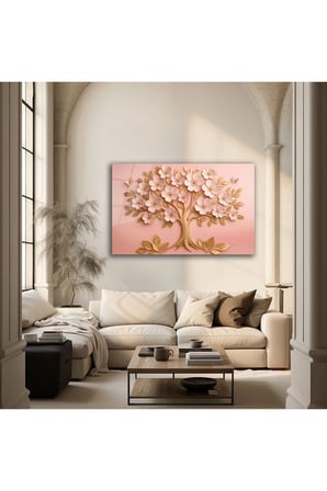 Pembe Çiçekli Ağaç Tasarım Modern Dekoratif Cam Tablo | Çiçek Temalı Dekoratif Duvar Tablosu, Salon ve yatak odası dekoru,