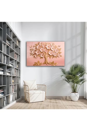Pembe Çiçekli Ağaç Tasarım Modern Dekoratif Cam Tablo | Çiçek Temalı Dekoratif Duvar Tablosu, Salon ve yatak odası dekoru,