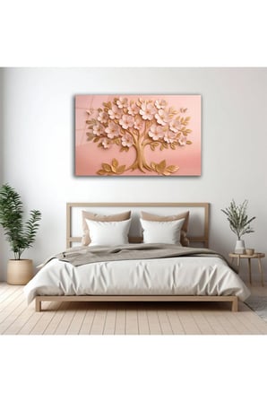 Pembe Çiçekli Ağaç Tasarım Modern Dekoratif Cam Tablo | Çiçek Temalı Dekoratif Duvar Tablosu, Salon ve yatak odası dekoru,