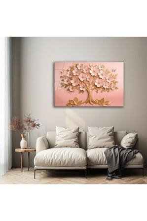 Pembe Çiçekli Ağaç Tasarım Modern Dekoratif Cam Tablo | Çiçek Temalı Dekoratif Duvar Tablosu, Salon ve yatak odası dekoru,