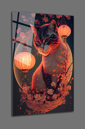 Sevimli Kedi Soyut Tasarım Cam Tablo-Kedi Kırılmaz Temperli Cam Üzeri Solmaz Baskı | Hayvan Figürlü Dekoratif Duvar Tablosu, Salon, ofis ve çalışma alanı dekoru,