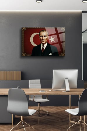 Atatürk Cam Tablo-Portre Cam Tablo Duvar Dekoru Atatürk Portresi Kırılmaz Cam Solmaz Baskı | Atatürk Temalı Dekoratif Duvar Tablosu, Salon, ofis ve çalışma alanı dekoru,