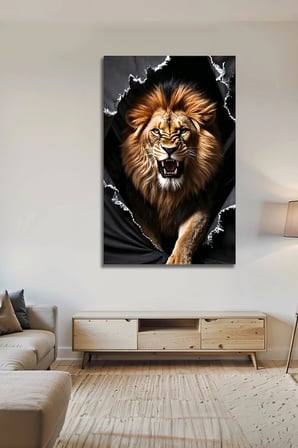 3D Görünümlü Lüks Parçalanmış Duvar Efektli Modern Kükreyen Aslan Temperli Cam Tablo Ofis Ev | Hayvan Figürlü Dekoratif Duvar Tablosu, Salon, ofis ve çalışma alanı dekoru,