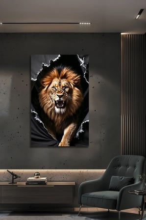 3D Görünümlü Lüks Parçalanmış Duvar Efektli Modern Kükreyen Aslan Temperli Cam Tablo Ofis Ev | Hayvan Figürlü Dekoratif Duvar Tablosu, Salon, ofis ve çalışma alanı dekoru,