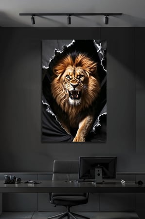 3D Görünümlü Lüks Parçalanmış Duvar Efektli Modern Kükreyen Aslan Temperli Cam Tablo Ofis Ev | Hayvan Figürlü Dekoratif Duvar Tablosu, Salon, ofis ve çalışma alanı dekoru,
