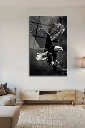 Temperli Cam Tablo Kartal Kanat Açan Siyah Beyaz Lüks Dekoratif Ofis Ev Dekoru | Modern Dekorasyon Temalı Dekoratif Duvar Tablosu, Salon, ev ve ofis dekoru, 72x46 cm