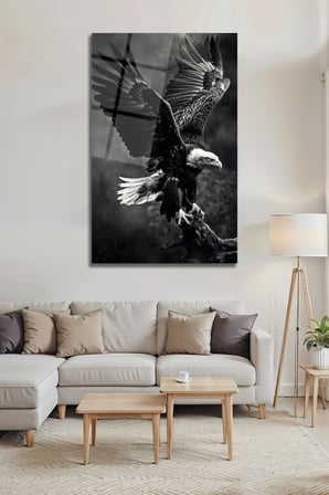Temperli Cam Tablo Kartal Kanat Açan Siyah Beyaz Lüks Dekoratif Ofis Ev Dekoru | Modern Dekorasyon Temalı Dekoratif Duvar Tablosu, Salon, ev ve ofis dekoru, 72x46 cm