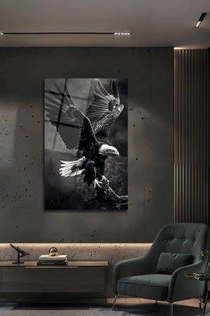 Temperli Cam Tablo Kartal Kanat Açan Siyah Beyaz Lüks Dekoratif Ofis Ev Dekoru | Modern Dekorasyon Temalı Dekoratif Duvar Tablosu, Salon, ev ve ofis dekoru, 72x46 cm