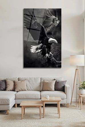 Temperli Cam Tablo Kartal Kanat Açan Siyah Beyaz Lüks Dekoratif Ofis Ev Dekoru | Modern Dekorasyon Temalı Dekoratif Duvar Tablosu, Salon, ev ve ofis dekoru, 72x46 cm