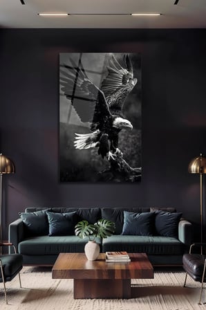 Temperli Cam Tablo Kartal Kanat Açan Siyah Beyaz Lüks Dekoratif Ofis Ev Dekoru | Modern Dekorasyon Temalı Dekoratif Duvar Tablosu, Salon, ev ve ofis dekoru, 72x46 cm