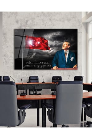 Türk Bayrağı ve Atatürk Cam Tablo Vatanını En Çok Seven Modern Ev Ofis Salon Kurum Hediyelik Tablo | Atatürk Temalı Dekoratif Duvar Tablosu, Salon, ofis ve çalışma alanı dekoru,