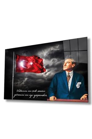 Türk Bayrağı ve Atatürk Cam Tablo Vatanını En Çok Seven Modern Ev Ofis Salon Kurum Hediyelik Tablo | Atatürk Temalı Dekoratif Duvar Tablosu, Salon, ofis ve çalışma alanı dekoru,