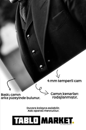 Atatürk Siyah Beyaz Kırılmaz Cam Tablo - Mustafa Kemal Portre Temperli Duvar Dekorasyonu Klasik Yatak Odası Salon Antre UV Baskılı