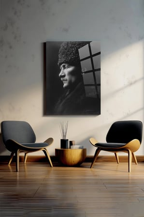 ATATÜRK - Siyah Beyaz Dikey Duvar Dekoratif Cam Tablo - Mustafa Kemal Portre Kırılmaz Temperli Klasik Ofis Salon Koridor UV Baskılı Hediyelik