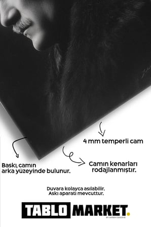 ATATÜRK - Siyah Beyaz Dikey Duvar Dekoratif Cam Tablo - Mustafa Kemal Portre Kırılmaz Temperli Klasik Ofis Salon Koridor UV Baskılı Hediyelik