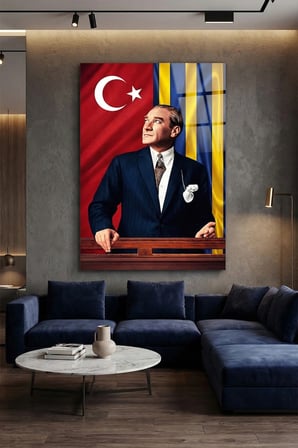 Kırılmaz Cam Tablo 5mm (Kalın) - Ev İşyeri Duvar Dekorasyonu – ATATÜRK – SARI LACİVERT TAKIM - Mustafa Kemal Portre Zarif Klasik Salon Mutfak Temperli UV Baskılı Hediyelik