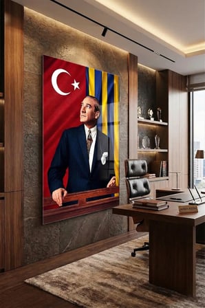 Kırılmaz Cam Tablo 5mm (Kalın) - Ev İşyeri Duvar Dekorasyonu – ATATÜRK – SARI LACİVERT TAKIM - Mustafa Kemal Portre Zarif Klasik Salon Mutfak Temperli UV Baskılı Hediyelik